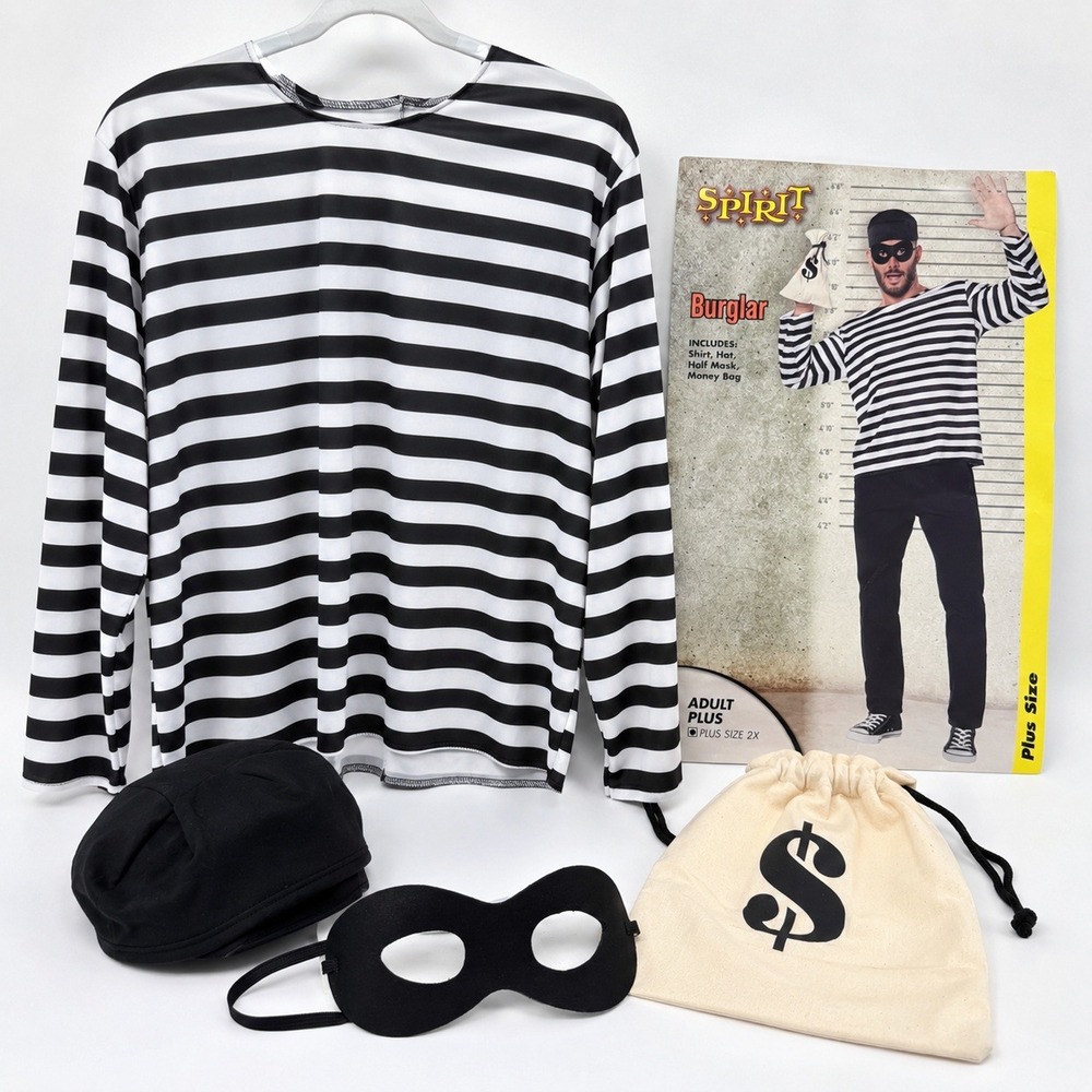 Spirit Halloween Burglar Costume Adult Plus 2X Shirt Hat Mask Money Bag Robber